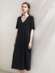 XEXZ | ชุดนอนผ้าคอตตอนโมดอลเซ็กซี่คอวี ทรงหลวม แขนสั้น กระโปรงยาว ชุดลำลองสำหรับใส่อยู่บ้านในฤดูร้อน