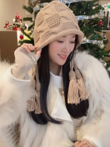 Handwoven New Year Tassel Knitted Hat Warm Knit Cap Trendy Ear Protection Overhead Style Sweet Cute Style for Spring Autumn Winter