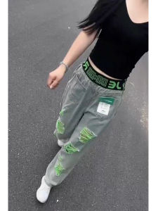 Quần Jeans Denim Ống Rộng Cạp Cao Thời Trang Màu Sắc Phối Khớp Quần Jeans Denim Thường Ngày Cho Nữ Mùa Thu Quần Dài Phong Cách Harajuku