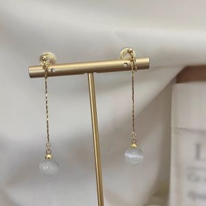 Long New Chinese Style Dangle Earrings Cats Eye Stone Mosquito Coil Tray Ear Clip Pain-Free Alloy Fashion Jewelry for Women