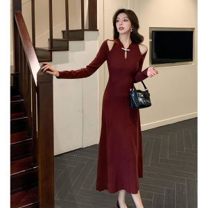 2024 National Style New Arrival Ankela Red Modified Cheongsam Fake Two-Piece Hollow Knitting Dress Base Sweater Long Dress
