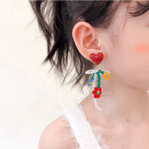 Elegant Long Tassel Ear Cuffs for Girls Fashionable Beaded Flower Jewelry Childrens No-Piercing Ear Clips Korean Style