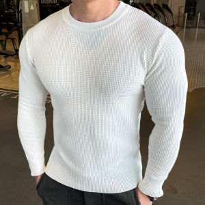 Mens Fitness Long Sleeve Knitted Muscle Shirt Tight Body Base Layer Sport Sweater Autumn Winter Style round Neck Casual Wear