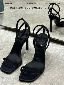 Ultra-Pale Black High Heels Womens Summer New Style Roman Buckle Toe-Open French Fine Heel Square Head Sandals Fashionable