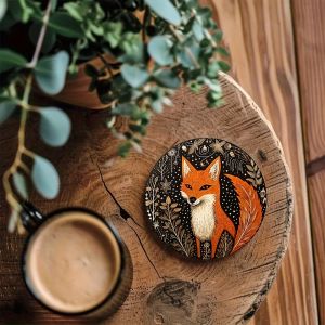 1pc 5mm Vintage Fox Cartoon Pattern Wooden Coaster Exquisite Tea Cups Mats Set Fox Lovers Home Decoration Drawing Room Pet Hotel