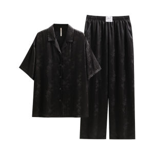 yuenei | Couples Summer Silk Pajamas Short Sleeve Long Pants Simulated Silk Home Clothes Black High-End Feelings Comfortable Breathable