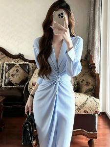 SHANGSHA | Elegant Stylish Blue Waist-accentuated Dress