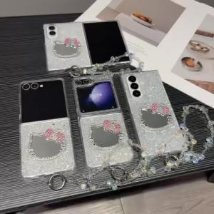 Sanrio | Fashion Glitter Bling Hello Kitty Mirror Phone Case For Samsung Galaxy Z Fold 8 Ultra 7 6 5 Flip 8 7 6 5 Pearl Wrist Strap Cover