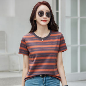 เสื้อยืดคอตตอนสีเขียวลินินหลวมๆ สำหรับผู้หญิง แขนสั้น คอกลม ลายทาง เสื้อยืดลำลองฤดูร้อน สไตล์เกาหลี ระบายอากาศได้ดี