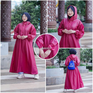 Jas Hujan Jumbo Wanita Muslimah Hijab Model Gamis Terusan Rok Syari Bahan Impor Waterproof Zipper