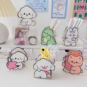 Cartoon Pen Holder Multifunctional Storage Organizer Cute Student Stationery Make Up Acrylic Box