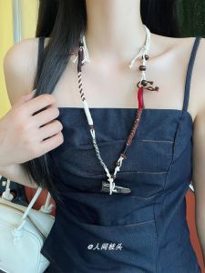 Handwoven Wooden Horned Necklace Linen Material Chinese Retro Style Long Sweater Chain Fashionable Design for Adult Women