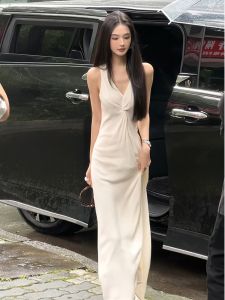 Đầm Dài Cổ Chữ V Kiểu Pháp Thanh Lịch Váy Dài Ôm Sát Cơ Thể Váy Công Sở Mùa Hè Váy Dài Không Tay Dáng Chữ A Màu Trơn