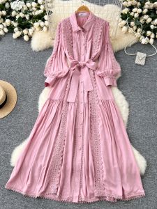 Elegant French Style Lace Insert Long Over-Knee Womens Dress High Waist A-Line Autumn Commute Fashion Single Button Waist Cinching