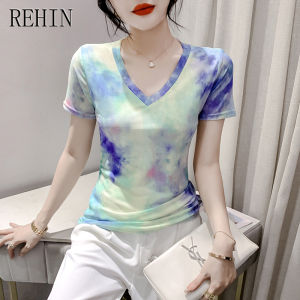 REHIN Summer Fashion Mesh Halo process Printed Short Sleeve Round Collar T-shirt  Slim Fit S-3XL Korean Stylish Womens Top