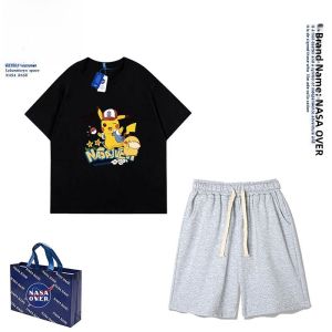NASAOVER Boys Cotton Short Sleeve Shorts Set Summer New Cartoon Pikachu Two-Piece Set Breathable Lightweight Comfortable Kids Outfit
