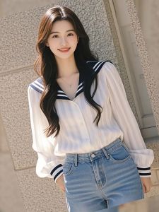 Women’s Long-Sleeved Shirt with White Striped Navy Collar Classic Casual Design