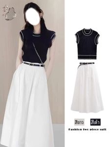 ชุดกระโปรงสั้นสีดำสไตล์ฝรั่งเศสสำหรับผู้หญิงในช่วงฤดูร้อน ชุดกระโปรงยาวสไตล์มินิมอลบิส เสื้อเชิ้ตทำงาน ชุดสองชิ้นแฟชั่น
