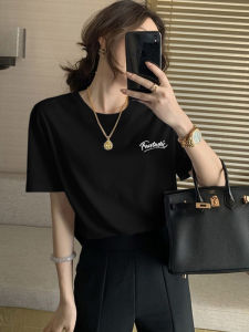 Áo Thun Cotton Tay Ngắn Mùa Hè Cổ Tròn Dáng Rộng Màu Đen Đơn Giản Phong Cách Hàn Quốc Dành Cho Nữ