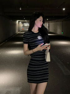 YUEZHONGWEI | Summer Slimming Ice Silk Knitted Short Sleeve Dress Color Block Stripe Waist Cinched Bodycon Mini Skirt For Young Women Casual Wear