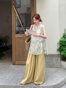 New Chinese Style Floral Print Sleeveless Shirt Wide Leg Pants Set Women Summer 2025 Cool And Elegant Two Piece Set