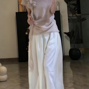 VKSOD | ชุดเสื้อเชิ้ตไหล่เดียวหลวมๆ สไตล์สูงๆ คอวี กระโปรงยาวผ้าฝ้ายผสมคอตตอนสำหรับฤดูร้อน ชุดสองชิ้น