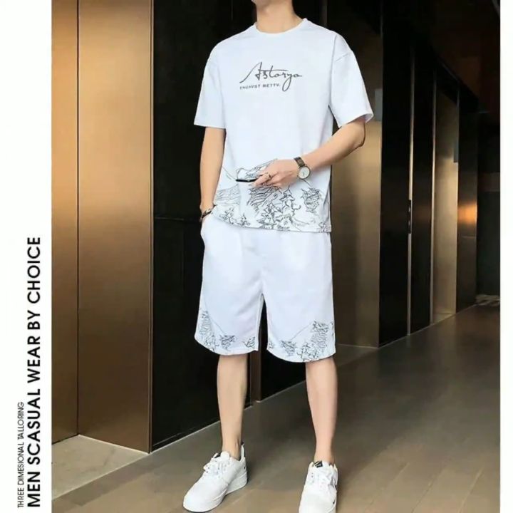 Men Short Sleeve Two Pieces Set Summer Mens Print Tracksuit