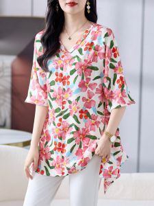 plus Size Loose V-Neck Floral Print Chiffon Top Womens Summer Slimming Style Three-Quarter Sleeve Mom Shirt Casual Artistic