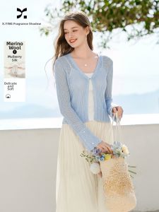XIANGYING | Blue Knitted Cardigan Short Sleeve V-Neck Slim Fit
