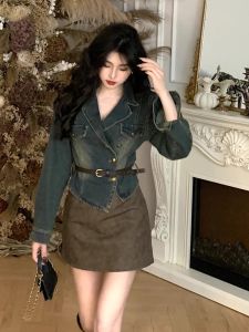 Retro Hong Kong Style Fashion Set High Waist Wrap Body Leather Skirt Turn-down Collar Denim Jacket Trendy Anti-aging Autumn New Arrival