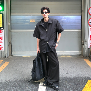 Double Zipper Black Shirt Short Sleeve Mens Summer Fancy Handsome Shirt Cleanfit Thin Sun Protective Clothes Coat