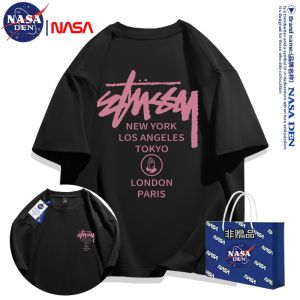 เสื้อยืดแขนสั้นคอตตอนแท้คอกลมลำลองฤดูร้อนสำหรับทั้งชายและหญิงจาก NASA ทรงหลวม แขนห้าส่วน ผ้าฝ้ายระบายอากาศได้ดี