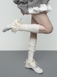 Ballet Girl Style Knitted Sock Covers Butterfly Knot Flower Bud Slimming Long Tube Socks for Women Winter Season Pure Color