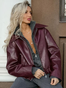 เสื้อแจ็คเก็ตหนังแขนยาวสีพื้นสำหรับผู้หญิง ฤดูใบไม้ร่วง 2024 แจ็คเก็ตหนังแบบลำลอง สีพื้น เสื้อคลุมกันหนาวแบบสวมหัว