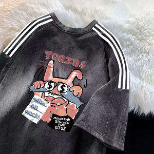 Washed Vintage Short Sleeve T-Shirt Mens Loose Fit Comfortable Cotton Breathable Printed round Neck Top for Summer Sport