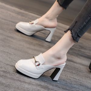 Womens Leather Slip-On High Heels Summer New Style Chunky Heel Waterproof Platform Fashionable Outdoor Wear Half Slippers