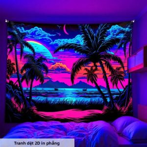 VIKAMA Neon Cây Cọ Thảm Retro Phong Cảnh Bãi Biển Treo Tường Thẩm Mỹ Phòng Ngủ Esports Trang Trí Phòng Sợi Polyester