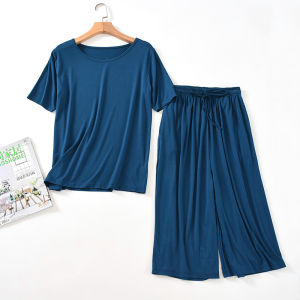 Dodaing Womens Sleepwear Modal Thin Seven-Piece Pants Home Clothes Set Summer Lightweight Comfortable Short Sleeve round Neck