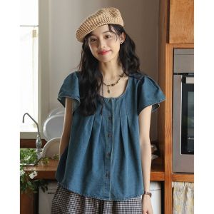 French Retro Loose Fit Cotton Shirt for Women 2024 Summer New Style Short Sleeve Button-Up Crewneck Shirt Versatile for Birthday Party