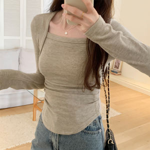 Red Wine Color Short Sweet And Spicy Womens T-shirt Early Spring Autumn Irregular Square Collar Long Sleeve Base Shirt