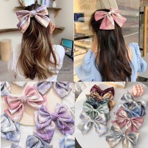 Fashion Fabric Grid Hair Clip Big Bow Striped Girl Japanese JK Lattice Spring Clips Top Clip Ponytail Hairpins Beauty Hair Accessories for Girl