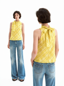 100 Percent Linen Vintage Style Checkered Halter Neck Bow Sleeveless Shirt