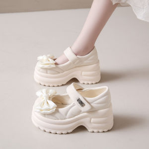Mary Jane Womens Shoes with Skirt Small Leather Shoes Spring Autumn New Thick Bottom High Heels Butterfly Knot Magic Tape