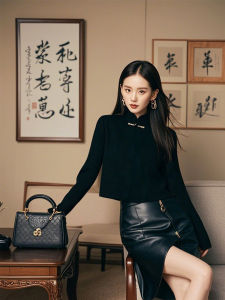 New Chinese Style Black Button Knitted Sweater Womens Inner Wear Base Layer Winter Top Warmth Emitting Long Sleeve round Neck