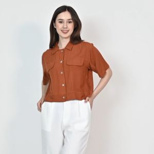 QUEENTIN Kemeja Crop Casual Wanita 0407 Katun Rayon Polos Premium Lengan Pendek