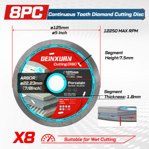 Geinxurn 3/5/8 PCS Continuous Rim Cutting Disc(5“) Wet Cutting Wheel for Tile Ceramic Porcelain Marble