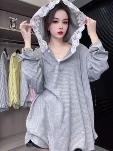 plus Size Lace Trim Hoodie Womens Loose Fit Autumn Winter Thin Outerwear Korean Style High Waist Long Sleeve Sweatshirt