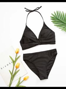 ชุดว่ายน้ำบิกินี่เซ็กซี่ผู้หญิงเที่ยวทะเลแบบสามจุด บิกินี่เสื้อคล้องคอ+ กางเกง งานเซ็กซี่มากจ้า ชุดว่านน้ำสีพื้น