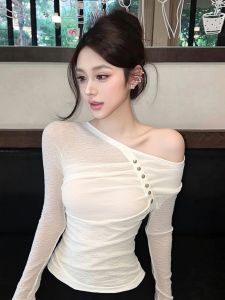 SHANGSHA | Elegant and Unique White Slant Shoulder T-Shirt