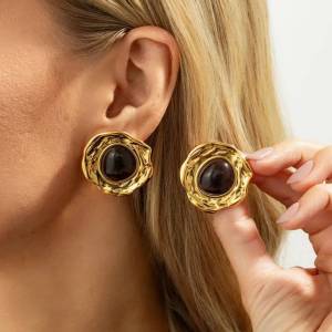 KunJoe Vintage Inlaid Resin Big Round Stud Earrings for Women Elegant Irregular Geometric Gold Color Earrings Jewelry Accessory